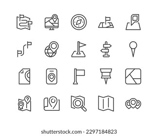 Simple collection of navigation related line icons. Thin line vector set of signs for infographic, logo, app development and website design. Premium symbols isolated on a white background.