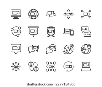 Simple collection of online meeting related line icons. Thin line vector set of signs for infographic, logo, app development and website design. Premium symbols isolated on a white background.