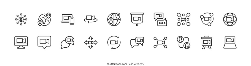 Simple collection of online meeting related line icons. Thin line vector set of signs for infographic, logo, app development and website design. Premium symbols isolated on a white background.
