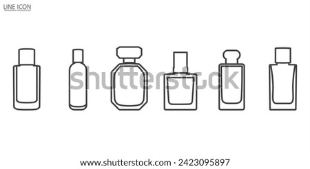 Simple collection of perfume line icons. Perfume bottles, icon set. Eau de toilette. Packaging of various shapes, linear icons of parfumes in transparet background.