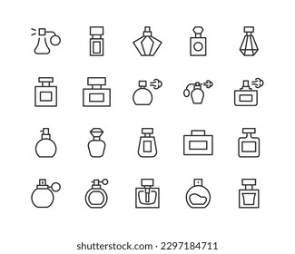 Simple collection of perfume related line icons. Thin line vector set of signs for infographic, logo, app development and website design. Premium symbols isolated on a white background.
