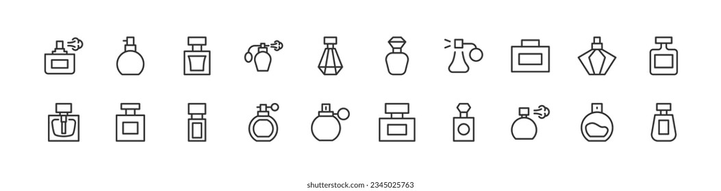 Simple collection of perfume related line icons. Thin line vector set of signs for infographic, logo, app development and website design. Premium symbols isolated on a white background.