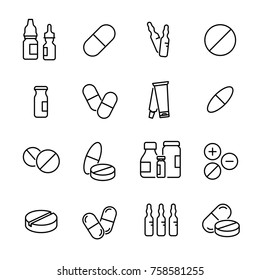 Simple collection of pharmaceutical related line icons. Thin line vector set of signs for infographic, logo, app development and website design. Premium symbols isolated on a white background.