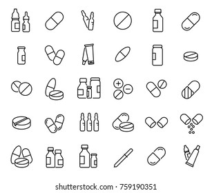 Simple collection of pharmaceutical related line icons. Thin line vector set of signs for infographic, logo, app development and website design. Premium symbols isolated on a white background.