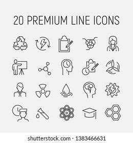 Simple collection of physics related line icons. Thin line vector set of signs for infographic, logo, app development and website design. Premium symbols isolated on a white background.