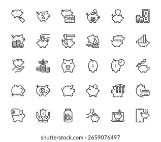 Simples coleção de piggy bank com multi relacionado ícone fundo branco, economizando dinheiro investimento e conceito financeiro, 48x48 pixel ícone perfeito curso editável para o site, aplicativo móvel, mídia, ux, ui
