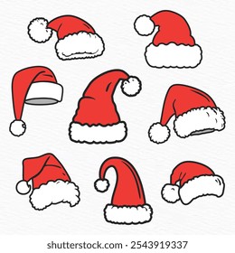 simple collection of red santa hats with white trim, line drawing clipart stricker