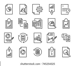 Simple Collection Of Report Related Line Icons. Thin Line Vector Set Of Signs For Infographic, Logo, App Development And Website Design. Premium Symbols Isolated On A White Background.