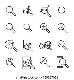 Simple collection of research related line icons. Thin line vector set of signs for infographic, logo, app development and website design. Premium symbols isolated on a white background.