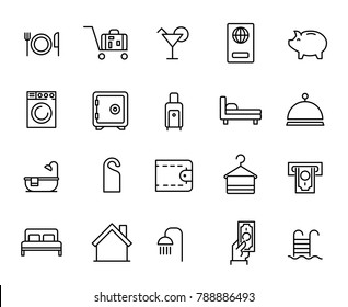 Simple collection of room service related line icons. Thin line vector set of signs for infographic, logo, app development and website design. Premium symbols isolated on a white background.