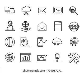 Simple collection of SEO related line icons. Thin line vector set of signs for infographic, logo, app development and website design. Premium symbols isolated on a white background.