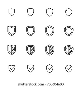 Simple collection of shield related line icons. Thin line vector set of signs for infographic, logo, app development and website design. Premium symbols isolated on a white background.