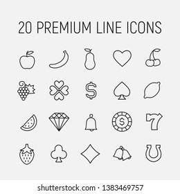 Simple collection of slot machine symbols related line icons. Thin line vector set of signs for infographic, logo, app development and website design. Premium symbols isolated on a white background.