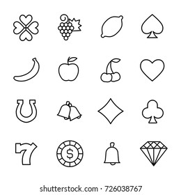Simple collection of slot machine symbols related line icons. Thin line vector set of signs for infographic, logo, app development and website design. Premium symbols isolated on a white background.