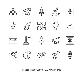 Simple collection of startup related line icons. Thin line vector set of signs for infographic, logo, app development and website design. Premium symbols isolated on a white background.