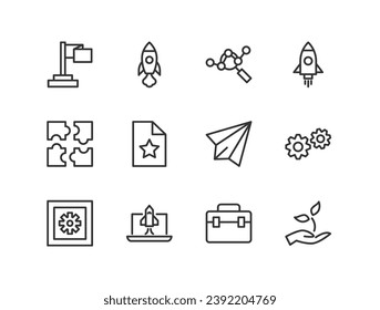 Simple collection of startup related line icons. Thin line vector set of signs for infographic, logo, app development and website design. Premium symbols isolated on a white background.