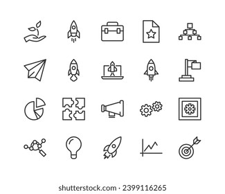 Simple collection of startup related line icons. Thin line vector set of signs for infographic, logo, app development and website design. Premium symbols isolated on a white background.