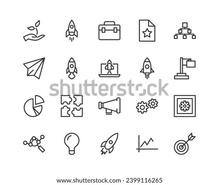Simple collection of startup related line icons. Thin line vector set of signs for infographic, logo, app development and website design. Premium symbols isolated on a white background.