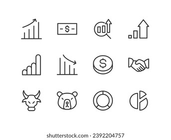 Simple collection of stock market related line icons. Thin line vector set of signs for infographic, logo, app development and website design. Premium symbols isolated on a white background.