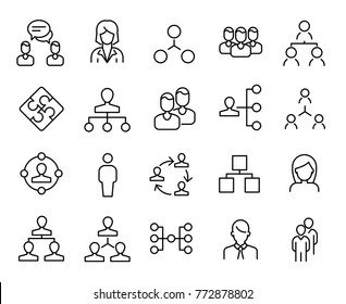 Simple collection of teamwork related line icons. Thin line vector set of signs for infographic, logo, app development and website design. Premium symbols isolated on a white background.