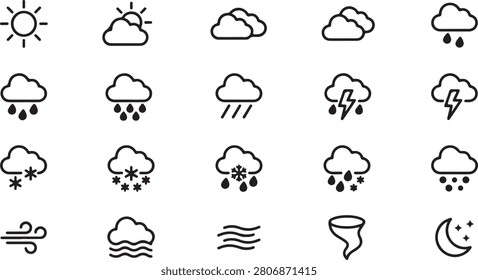 Simple collection of vector icons illustrating various weather types and conditions clearly.