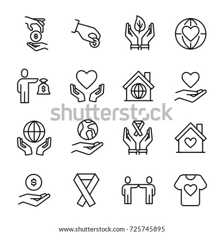 Simple collection of volunteering related line icons. Thin line vector set of signs for infographic, logo, app development and website design. Premium symbols isolated on a white background.