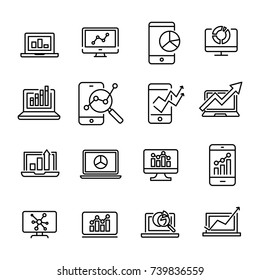 Simple collection of web analytics related line icons. Thin line vector set of signs for infographic, logo, app development and website design. Premium symbols isolated on a white background.