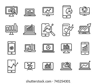 Simple collection of web analytics related line icons. Thin line vector set of signs for infographic, logo, app development and website design. Premium symbols isolated on a white background.