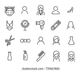 Simple collection of woman related line icons. Thin line vector set of signs for infographic, logo, app development and website design. Premium symbols isolated on a white background.
