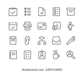 Simple collection of work related line icons. Thin line vector set of signs for infographic, logo, app development and website design. Premium symbols isolated on a white background.
