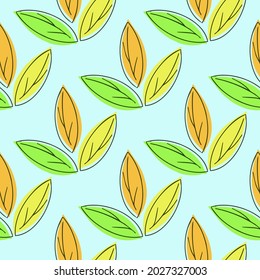Simple color autumn leaves pattern on a blue background. Vector illustration. 