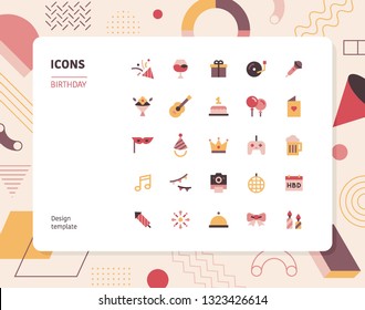 Simple color birthday icon set. Pattern background layout flat design style minimal vector illustration