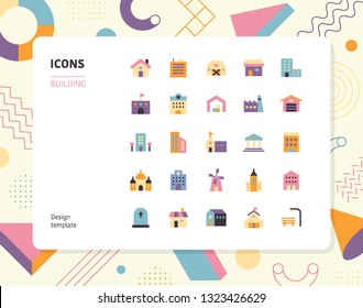 Simple Color Building Icon Set. Pattern Background Layout Flat Design Style Minimal Vector Illustration