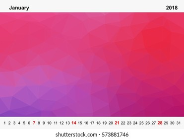 Simple color calendar of colored triangles for january for the year 2018.Month name and year numbers up and down the pictures with red Sunday on white background