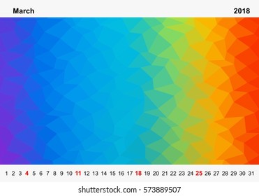 Simple color calendar of colored triangles for march for the year 2018.Month name and year numbers up and down the pictures with red Sunday on white background