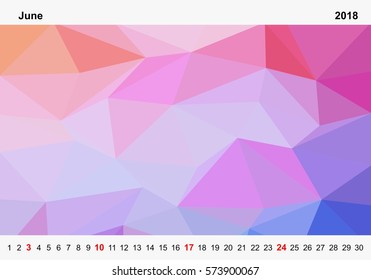 Simple color calendar of colored triangles for june for the year 2018.Month name and year numbers up and down the pictures with red Sunday on white background
