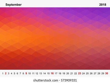 Simple color calendar of colored triangles for september for the year 2018.Month name and year numbers up and down the pictures with red Sunday on white background