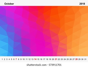 Simple color calendar of colored triangles for october for the year 2018.Month name and year numbers up and down the pictures with red Sunday on white background