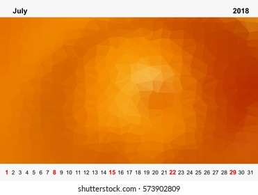 Simple color calendar of orange colored triangles for july for the year 2018.Month name and year numbers up and down the pictures with red Sunday on white background