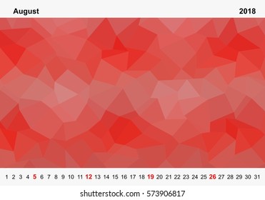 Simple color calendar of red colored triangles for august for the year 2018.Month name and year numbers up and down the pictures with red Sunday on white background