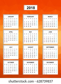 Simple color calendar for the year 2018. The names of days and months in a row and Sunday marked red, saturday blue on a background with orange colored triangles