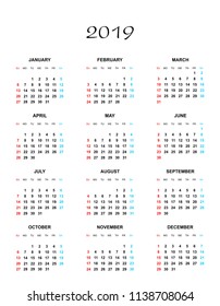 Simple color calendar for the year 2019. The names of days and months in a row and Sunday marked red, saturday blue on a white background 