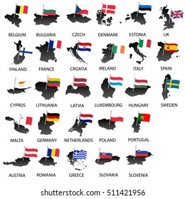 simple color flags all european union countries on maps collection eps10