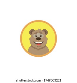 simple color flat art illustration of cartoon happy bear face in a round frame