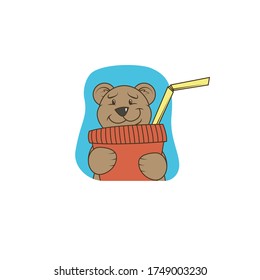 simple color flat art illustration of cartoon funny bear with a paper cup from which a cocktail tube sticks out