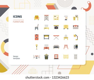 Simple color furniture icon set. Pattern background layout flat design style minimal vector illustration