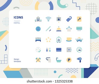 Simple color hotel icon set. Pattern background layout flat design style minimal vector illustration Simple color hotel icon set. Pattern background layout flat design style minimal vector illustration