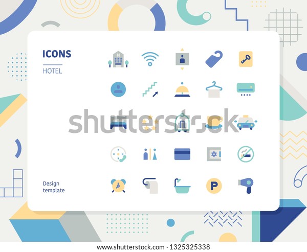 単純なカラーホテルのアイコンセット パターン背景レイアウトのフラットデザインスタイルの最小ベクターイラスト のベクター画像素材 ロイヤリティフリー