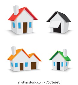 The simple color house icons isolated on the white background