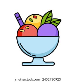 Simple color icon ice cream. Strawberry, pistachio, vanilla ice cream. Doodle, vector illustration